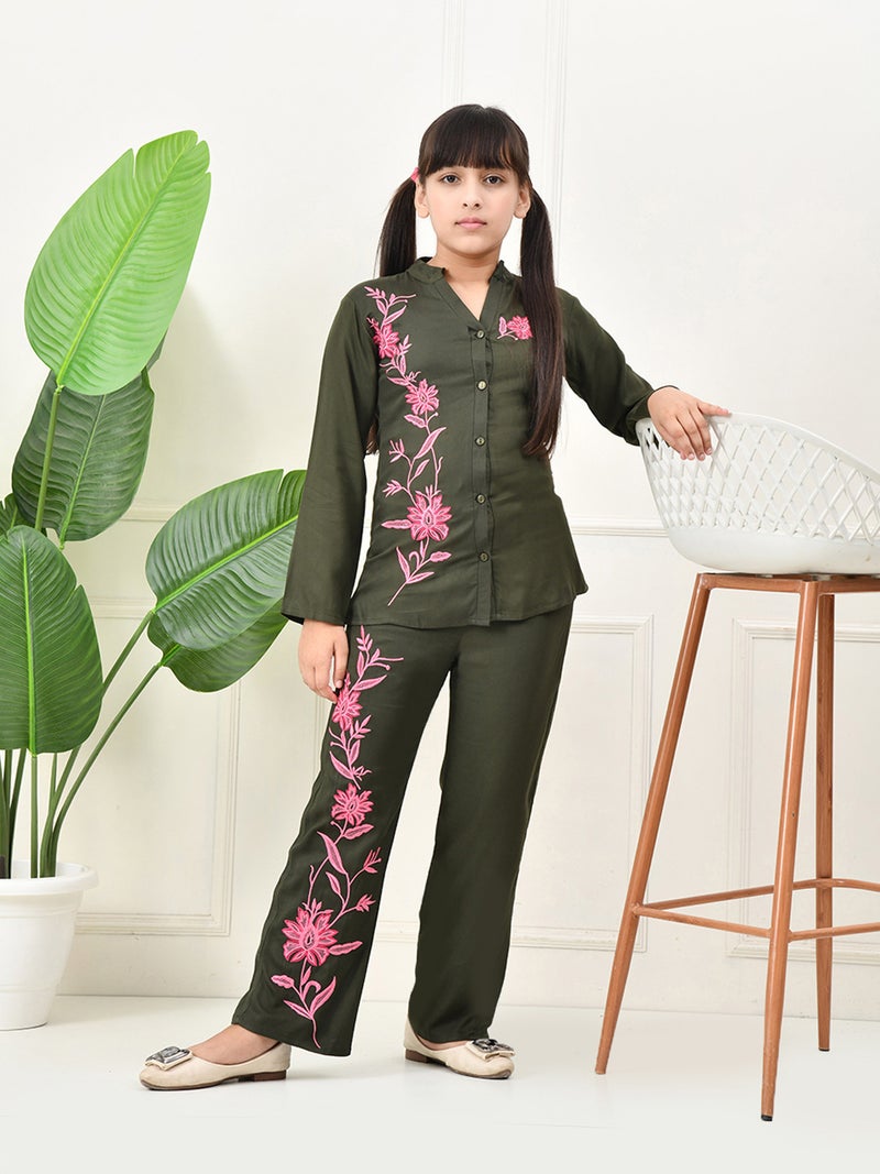 Floral Embroidered Coordinating Top & Pant Set - Green for Girls